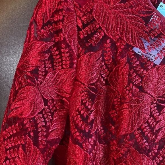 TAILOR Made Red Crochet Lace Top Stunning See Thru Blouse Long Sleeves Size M - Picture 3 of 4